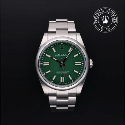 Rolex Certified Pre-owned Oyster Perpetual M124300-0005 front on black background