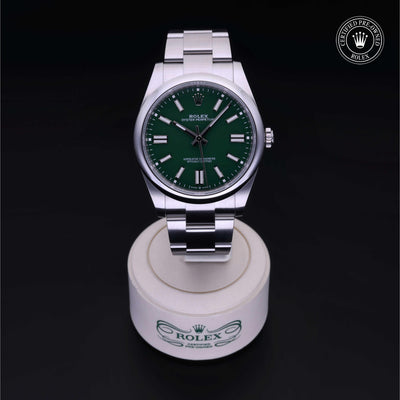 Rolex Certified Pre-owned Oyster Perpetual M124300-0005 front on black background