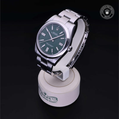 Rolex Certified Pre-owned Oyster Perpetual M124300-0005 front on black background