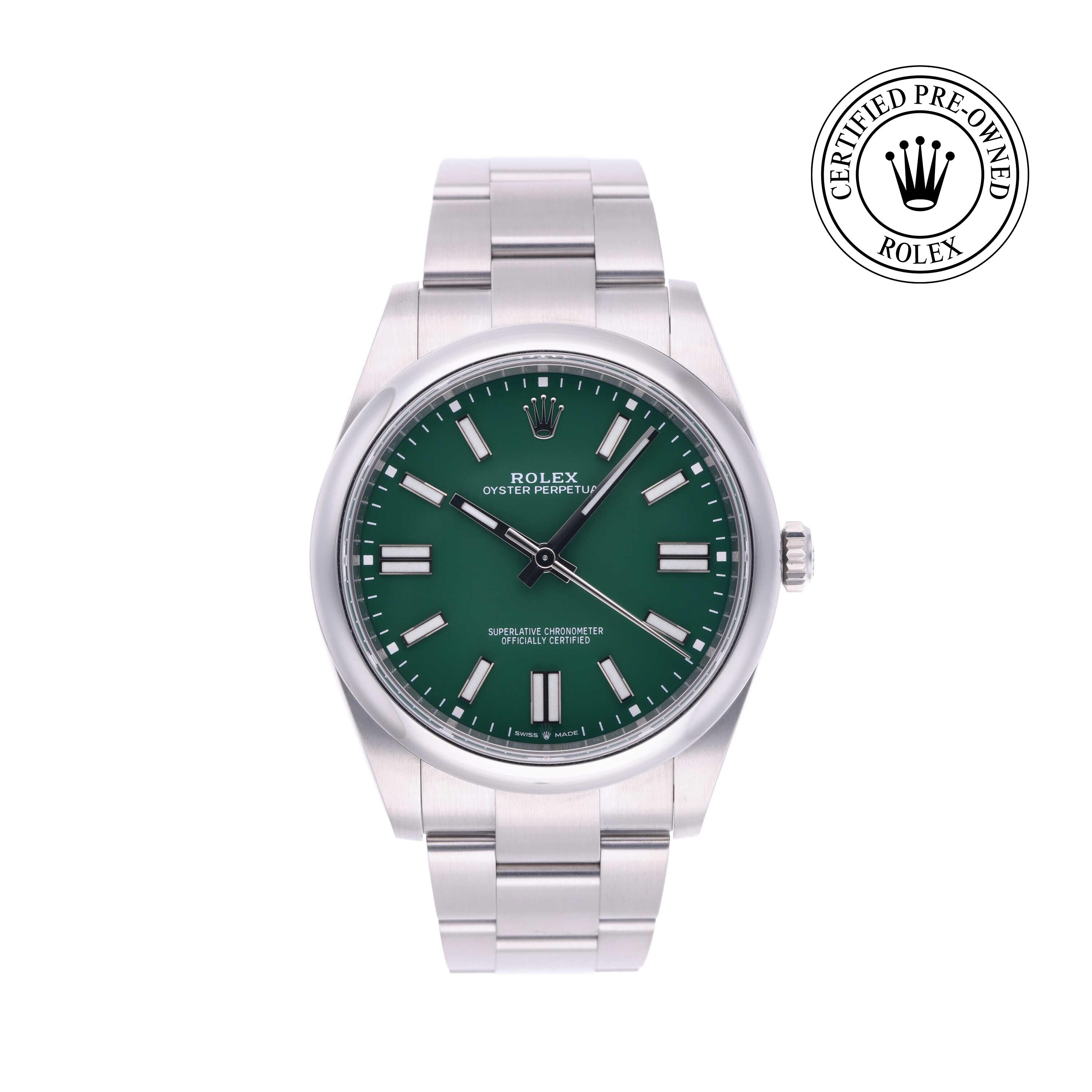 Rolex Certified Pre-owned Oyster Perpetual M124300-0005 front on white background