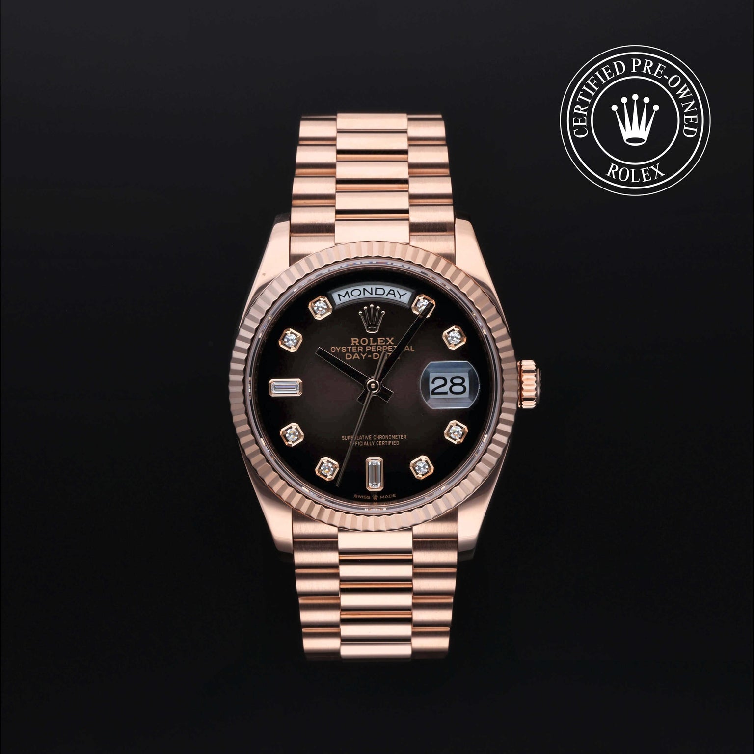 Rolex Certified Pre-owned Day-date M128235-0037 front on black background