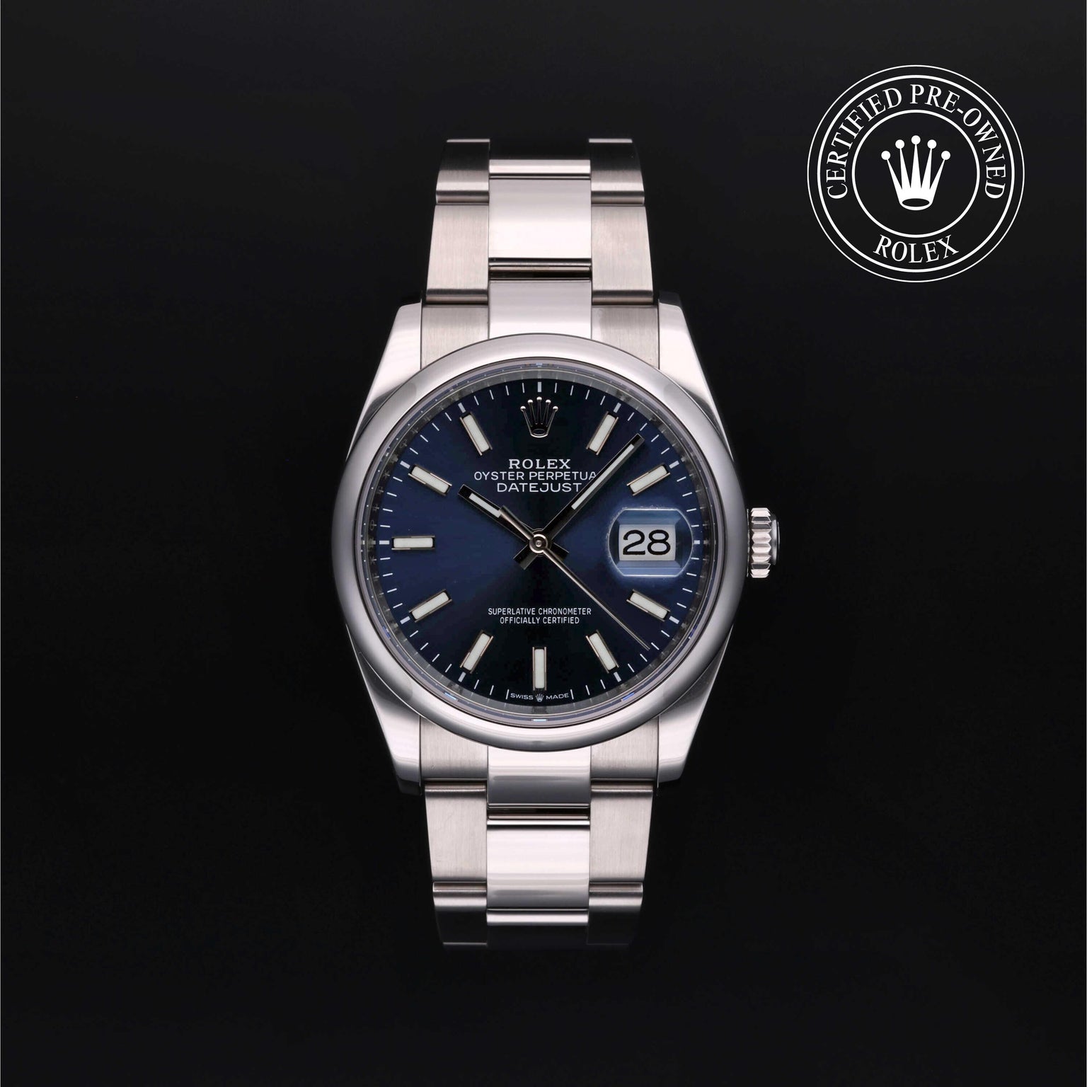 Rolex Certified Pre-owned Datejust M126200-0006 front on black background