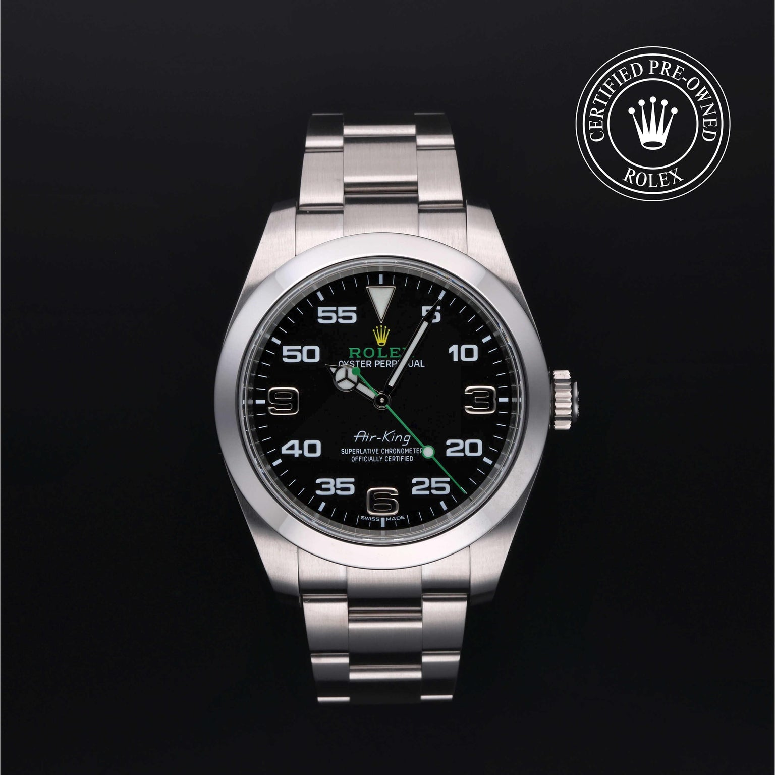 Rolex Certified Pre-owned Air-King M116900-0001 front on black background
