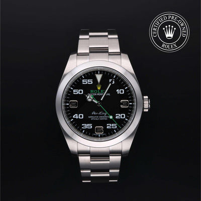 Rolex Certified Pre-owned Air-King M116900-0001 front on black background