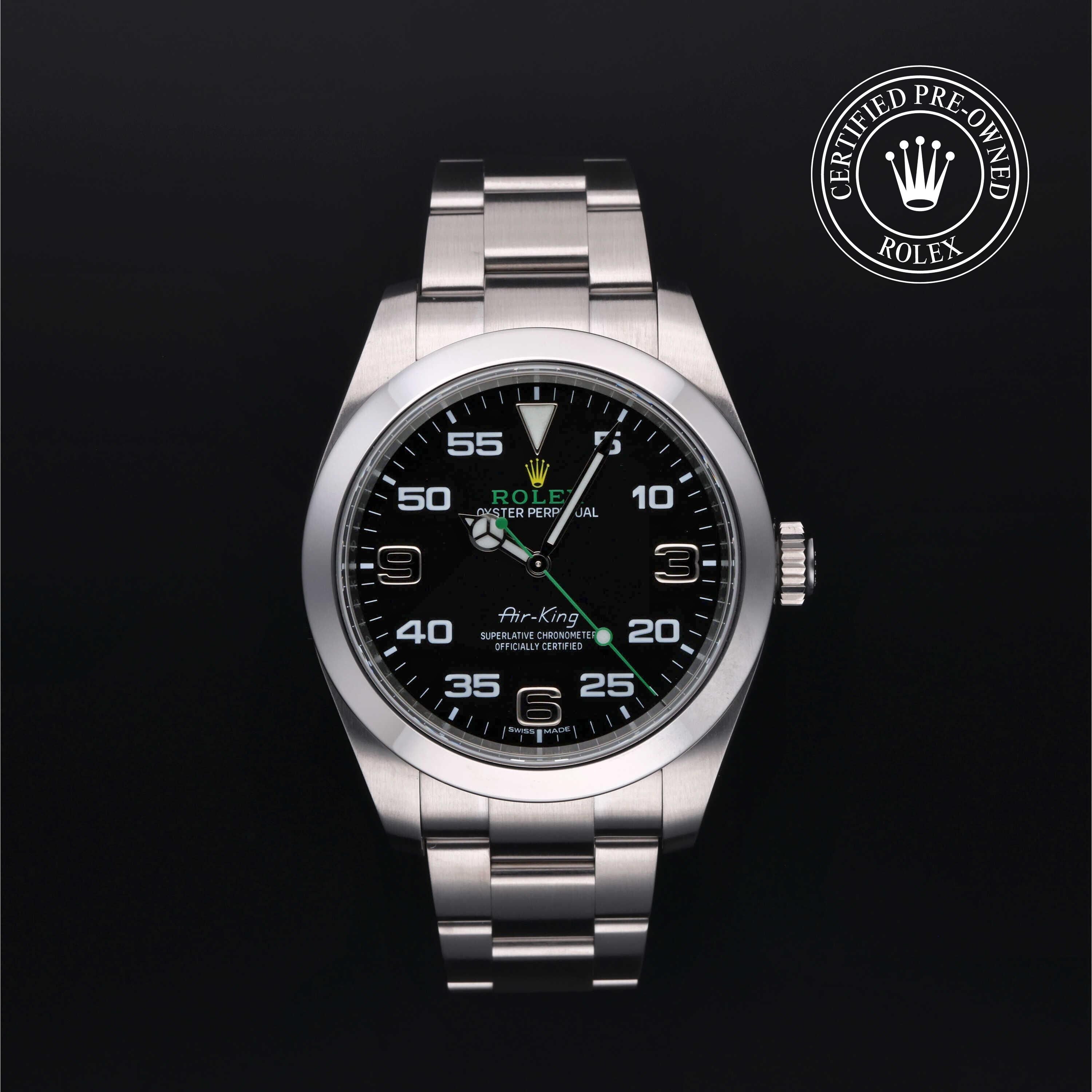 Rolex Certified Pre-owned Air-King M116900-0001 front on black background