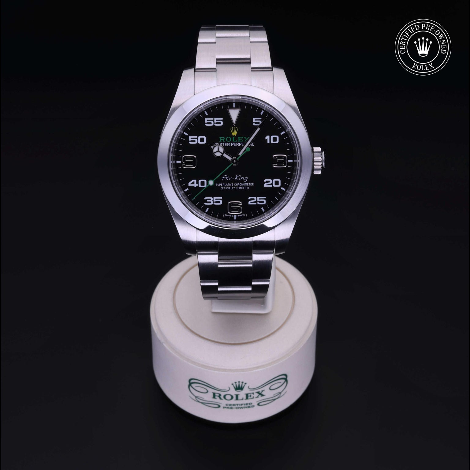 Rolex Certified Pre-owned Air-King M116900-0001 front on black background