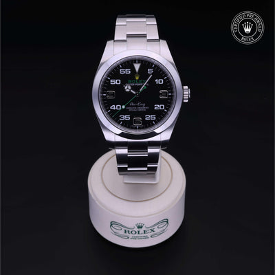 Rolex Certified Pre-owned Air-King M116900-0001 front on black background