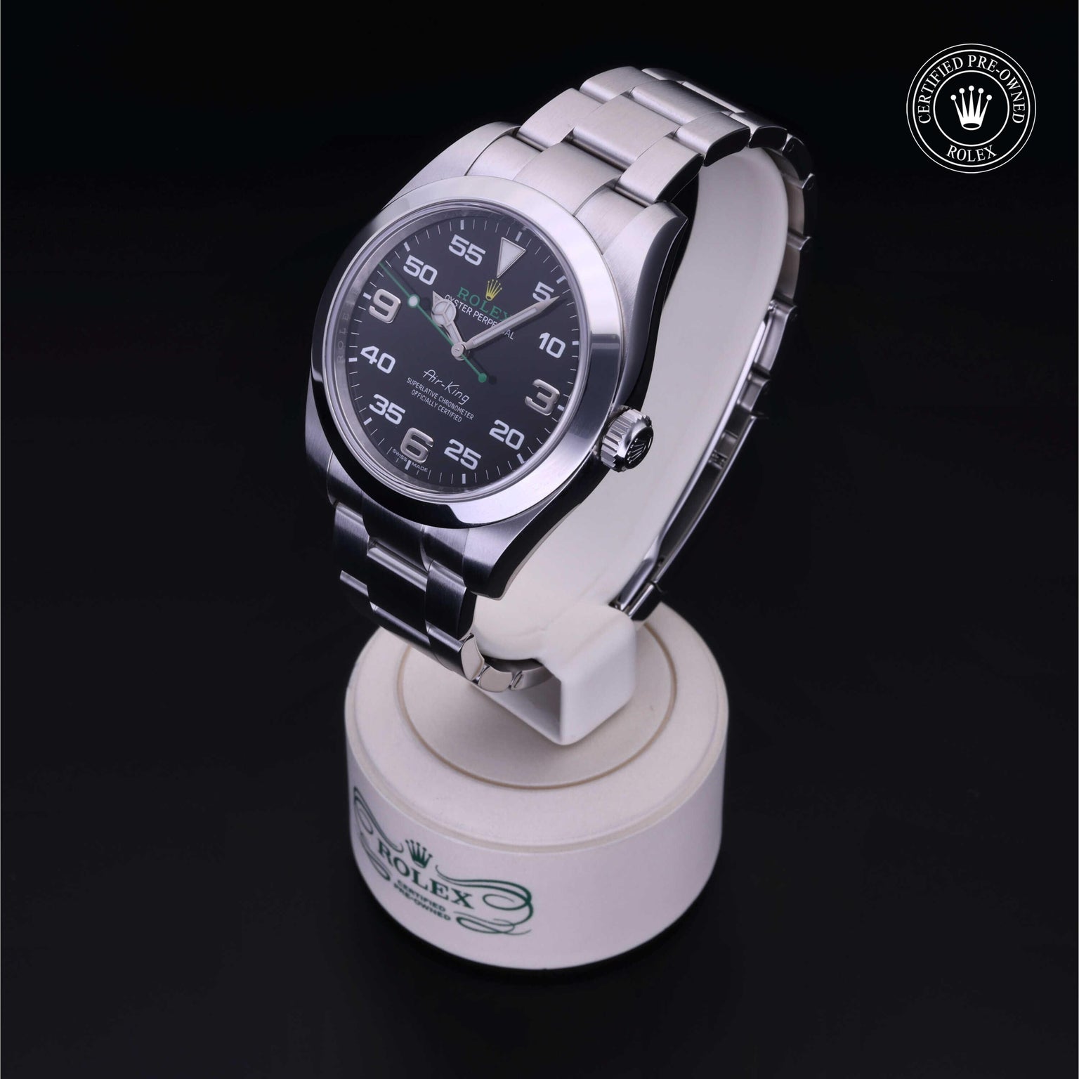 Rolex Certified Pre-owned Air-King M116900-0001 front on black background