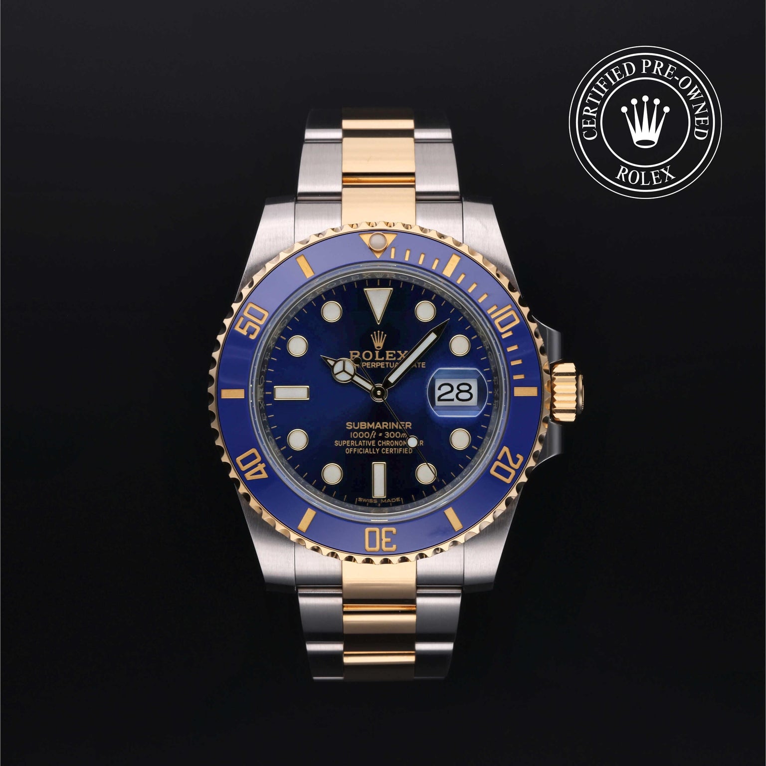 Rolex Certified Pre-owned Submariner M116613LB-0005 front on black background