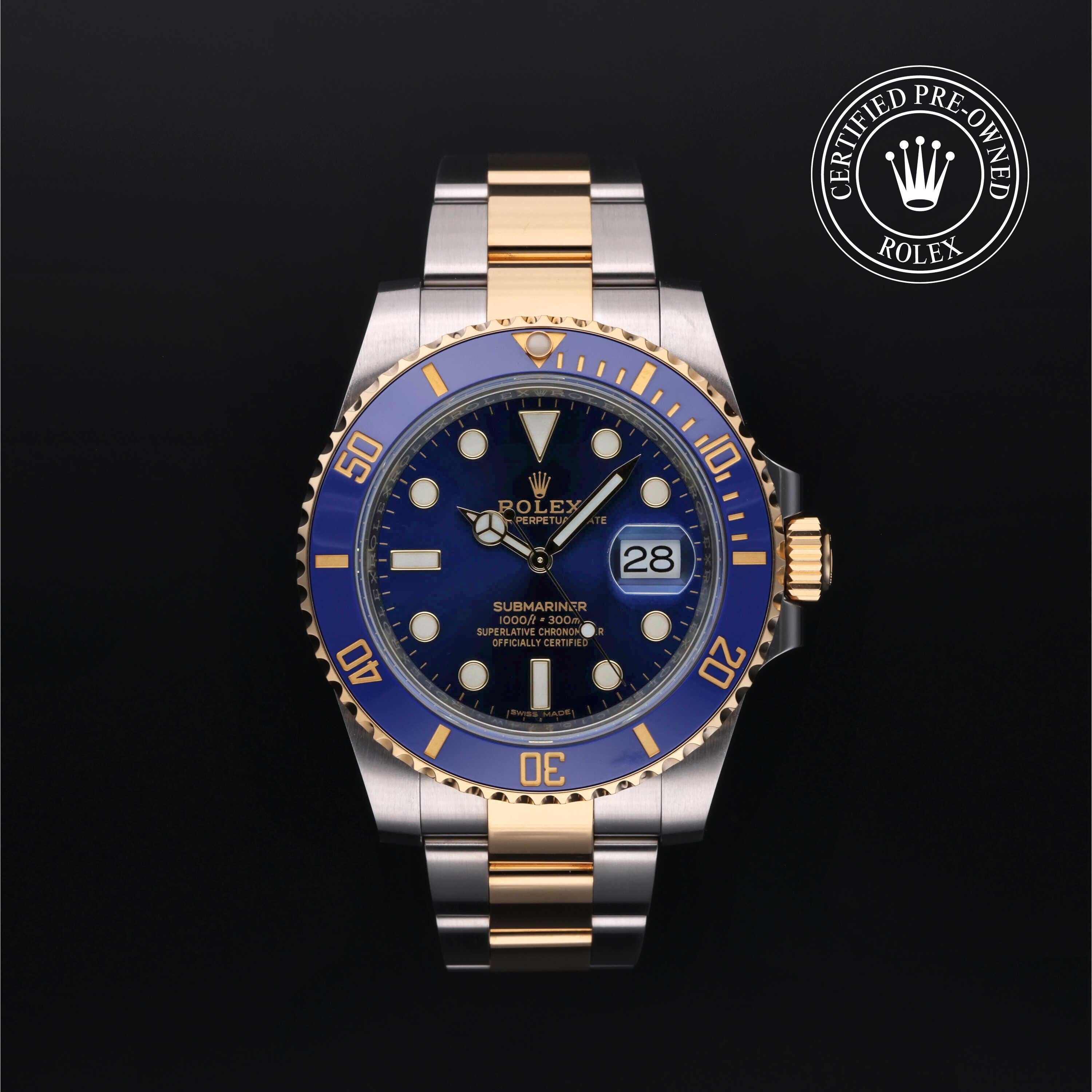 Rolex Certified Pre-owned Submariner M116613LB-0005 front on black background