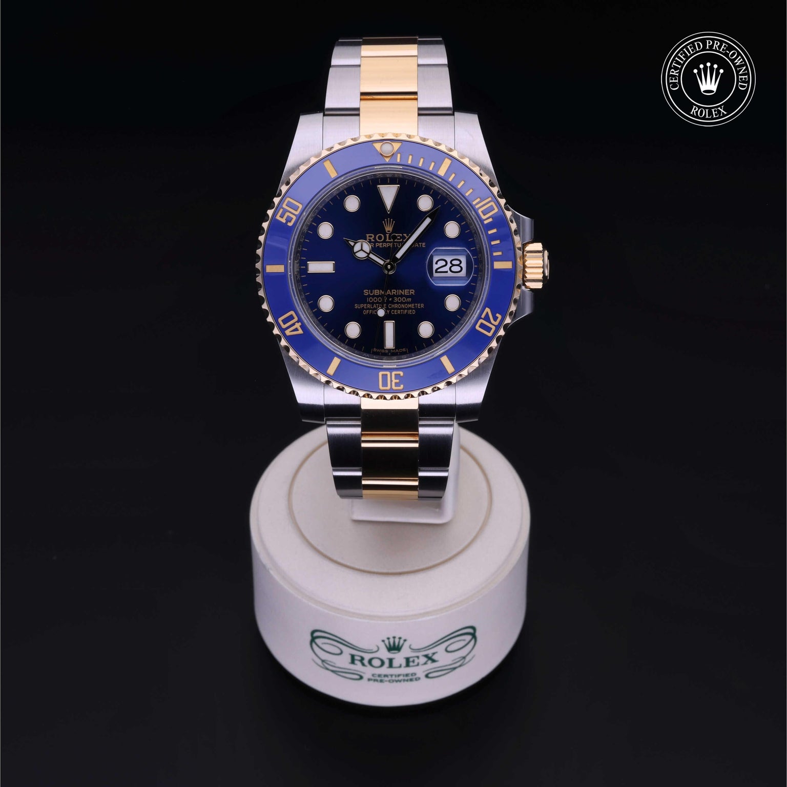Rolex Certified Pre-owned Submariner M116613LB-0005 front on black background