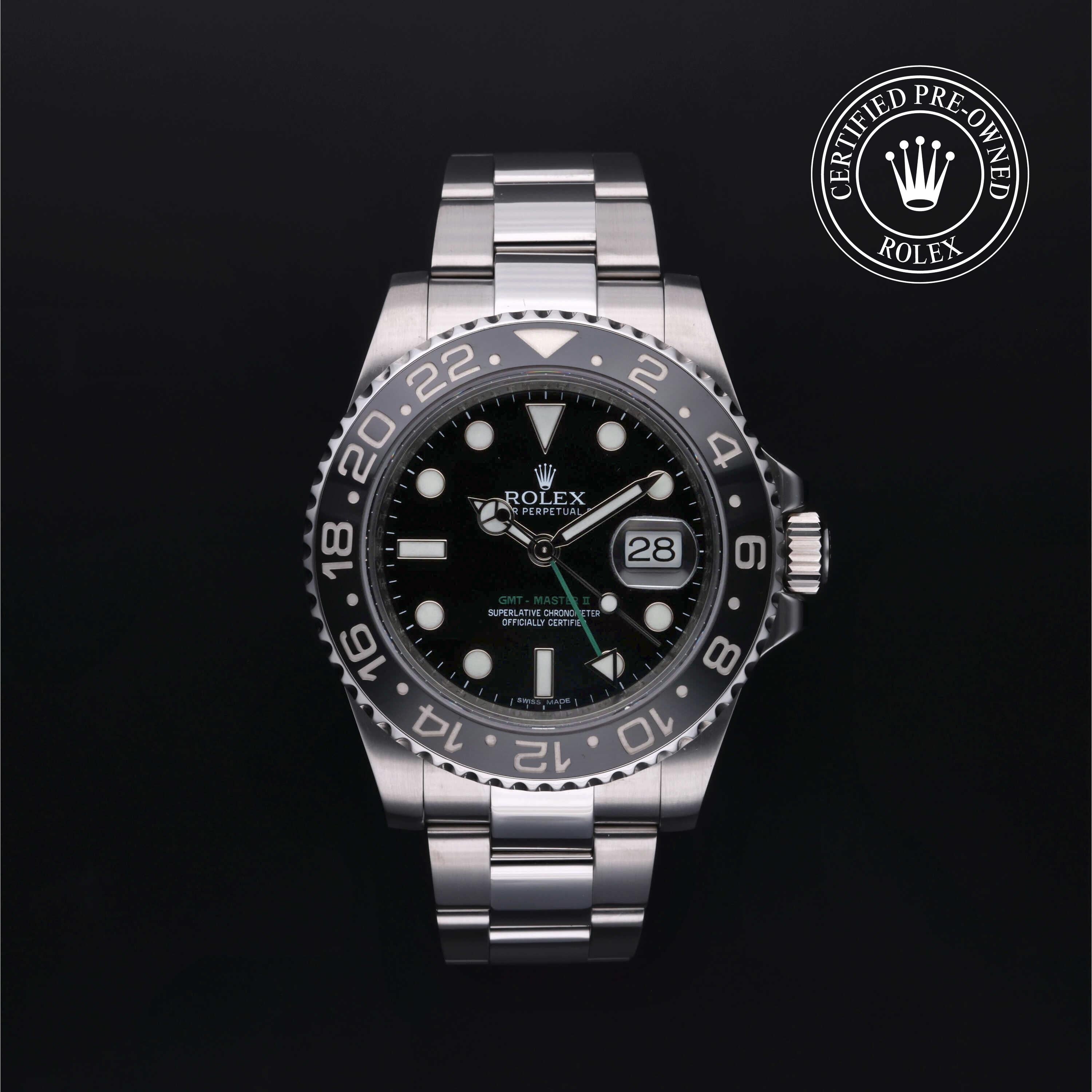 Rolex Certified Pre-owned GMT M116710LN-0001 front on black background