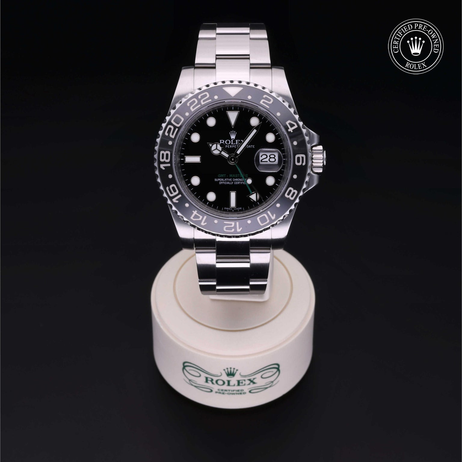Rolex Certified Pre-owned GMT M116710LN-0001 front on black background