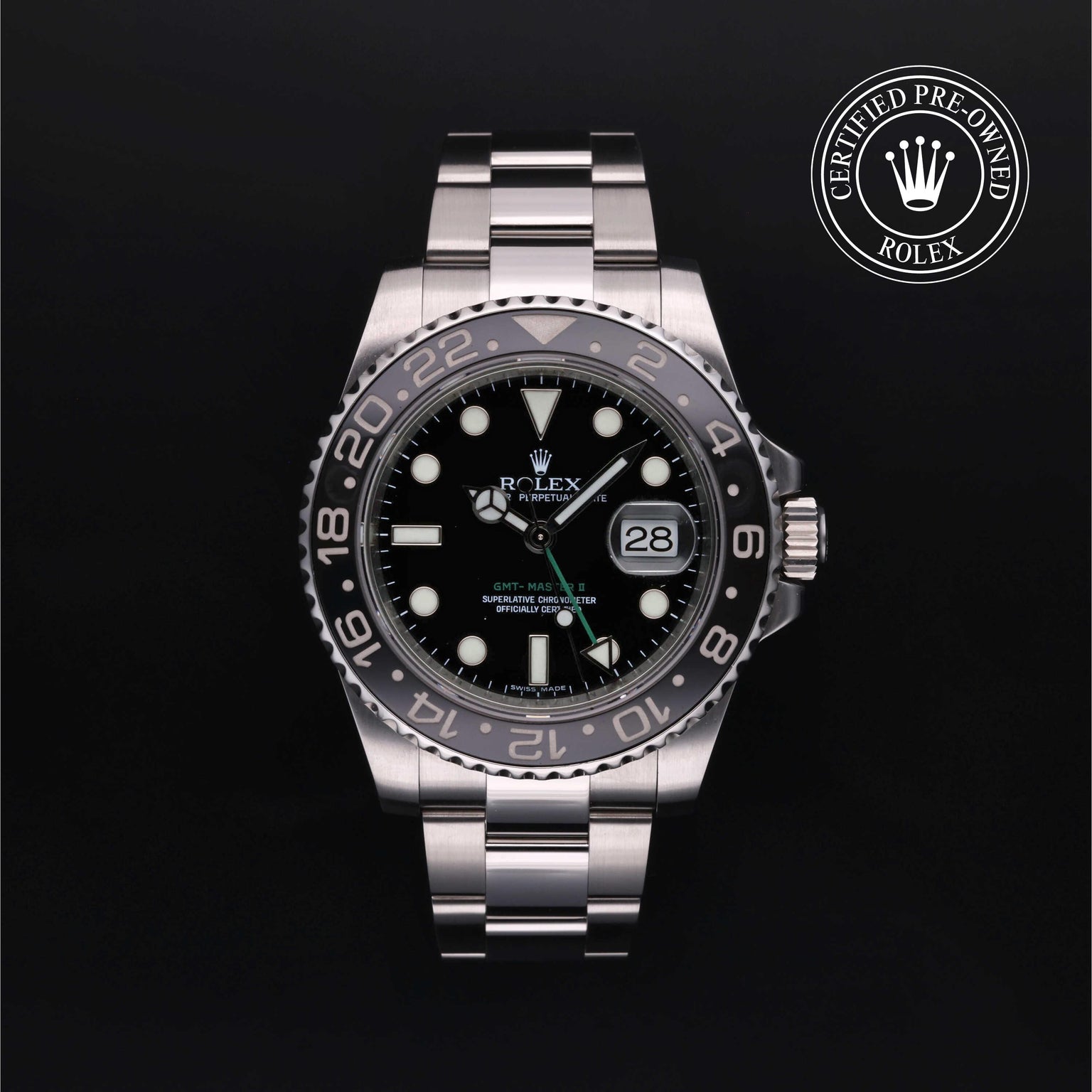 Rolex Certified Pre-owned GMT M116710LN-0001 front on black background