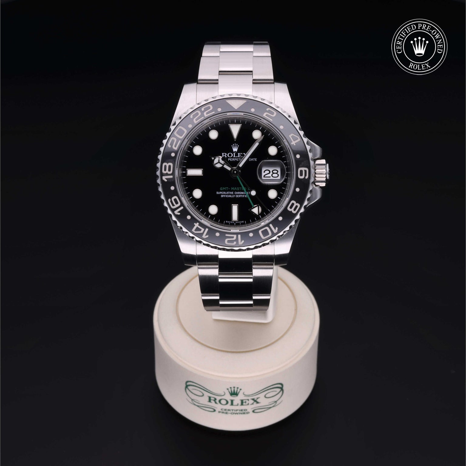 Rolex Certified Pre-owned GMT M116710LN-0001 front on black background