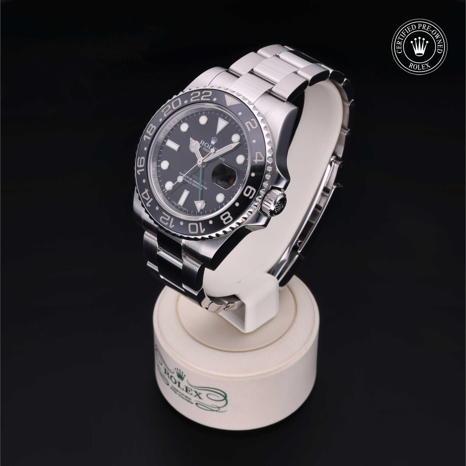 Rolex Certified Pre-owned GMT M116710LN-0001 front on black background
