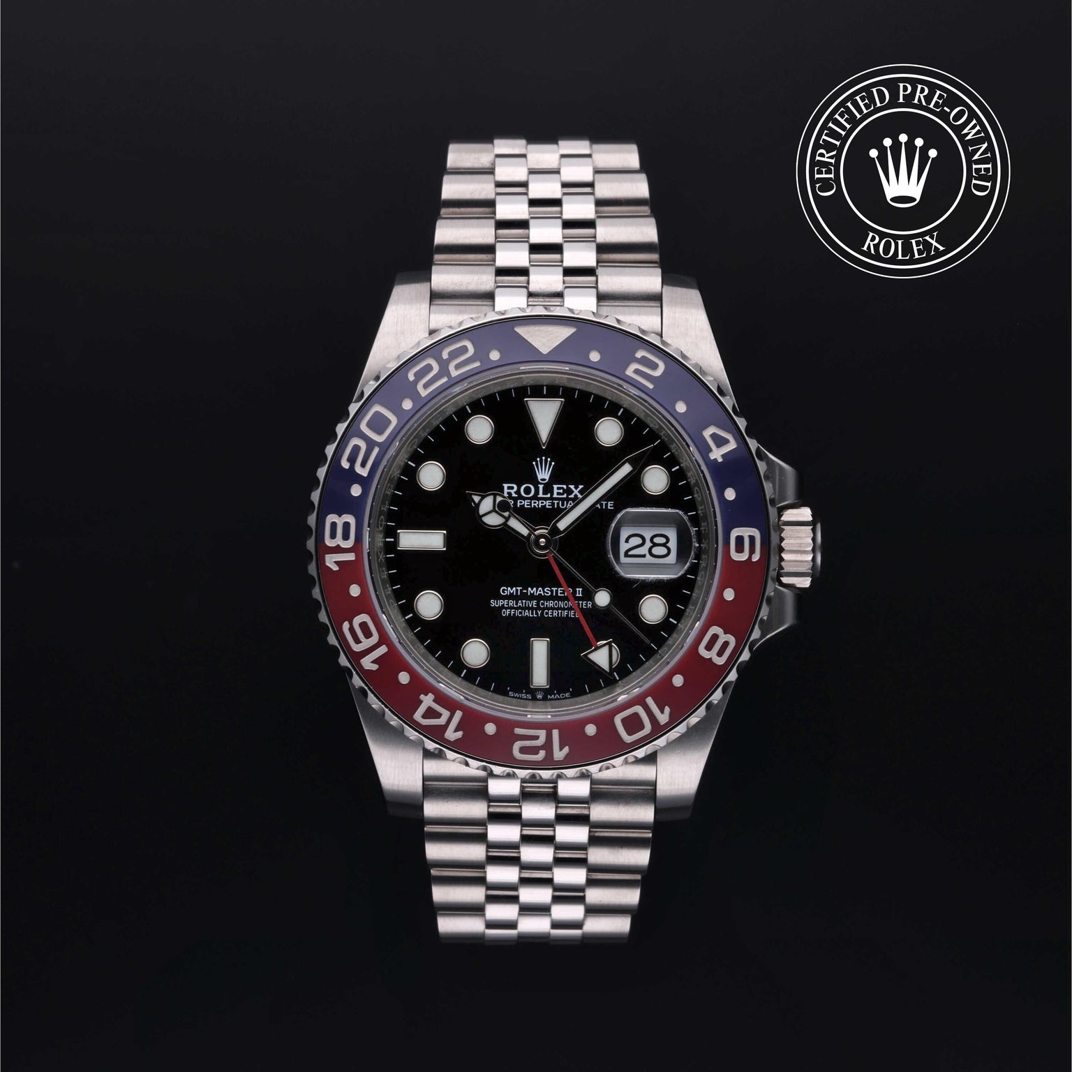 Rolex Certified Pre-owned GMT M126710BLRO-0001 front on black background