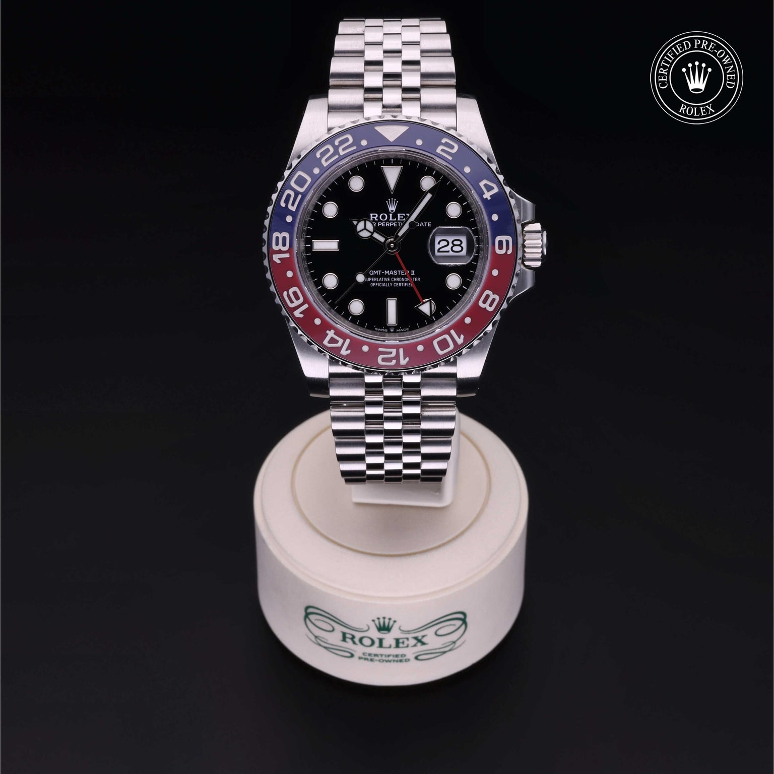 Rolex Certified Pre-owned GMT M126710BLRO-0001 front on black background