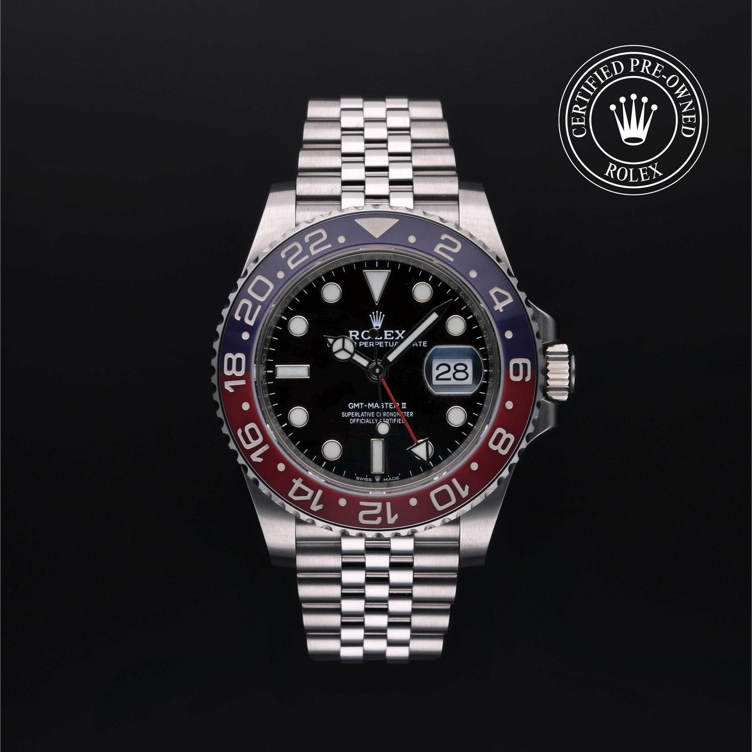 Rolex Certified Pre-owned GMT M126710BLRO-0001 front on black background