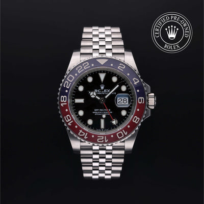 Rolex Certified Pre-owned GMT M126710BLRO-0001 front on black background