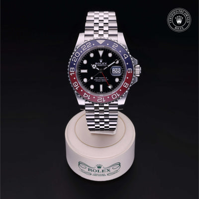 Rolex Certified Pre-owned GMT M126710BLRO-0001 front on black background