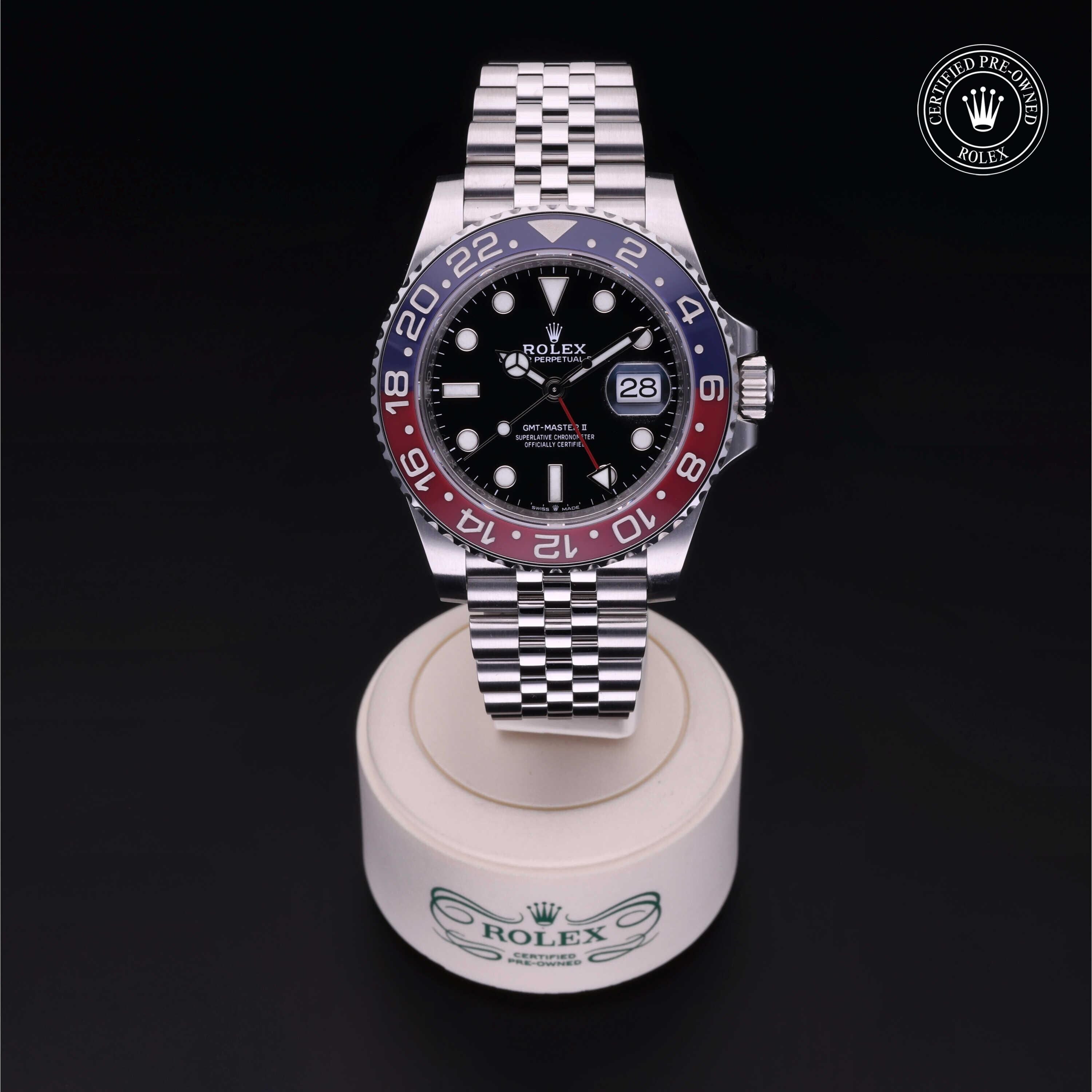 Rolex Certified Pre-owned GMT M126710BLRO-0001 front on black background