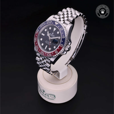 Rolex Certified Pre-owned GMT M126710BLRO-0001 front on black background