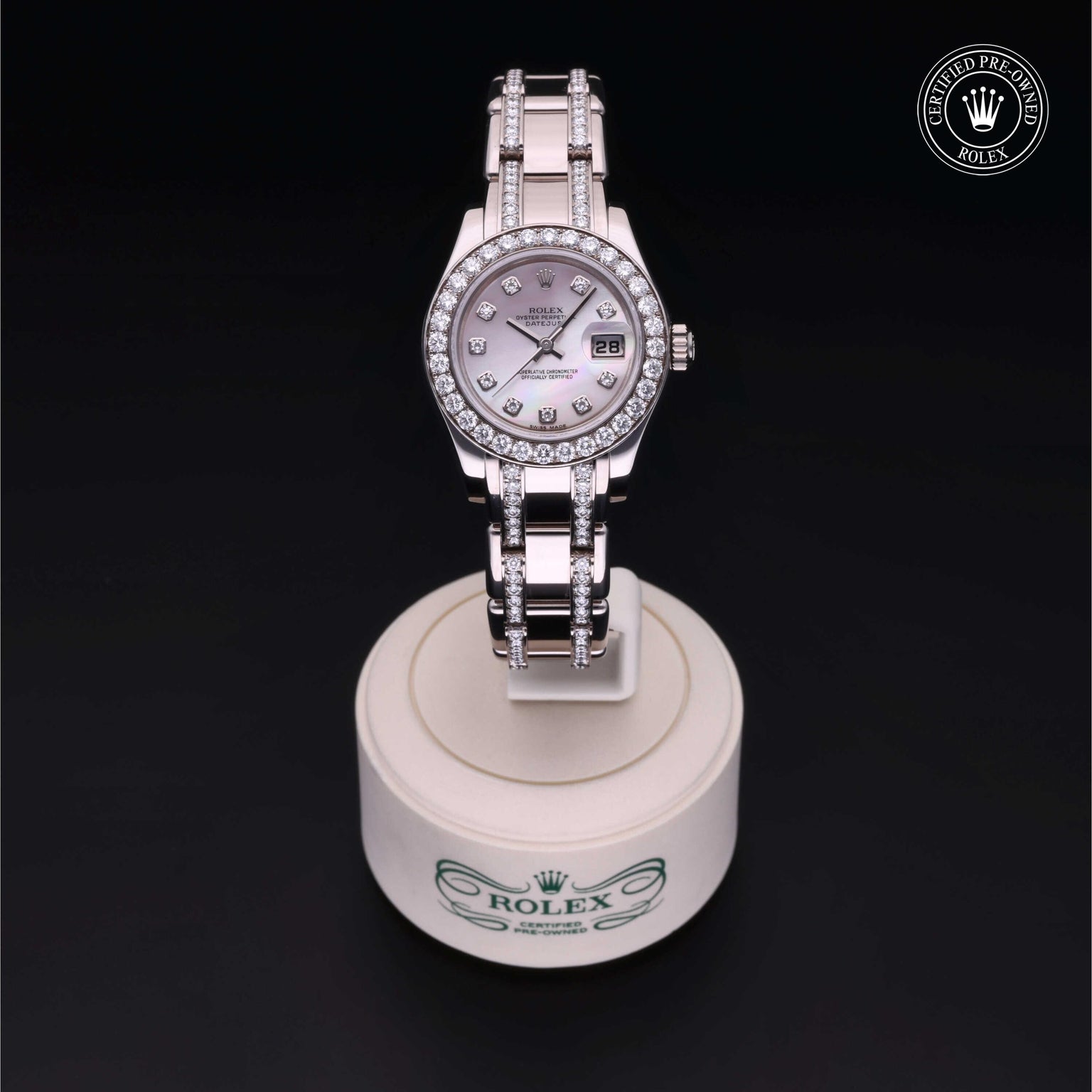 Rolex Certified Pre-owned Pearlmaster M80299-0018 front on black background