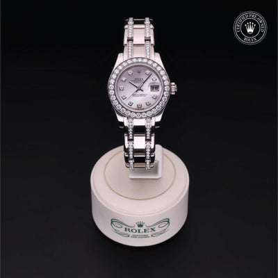 Rolex Certified Pre-owned Pearlmaster M80299-0018 front on black background