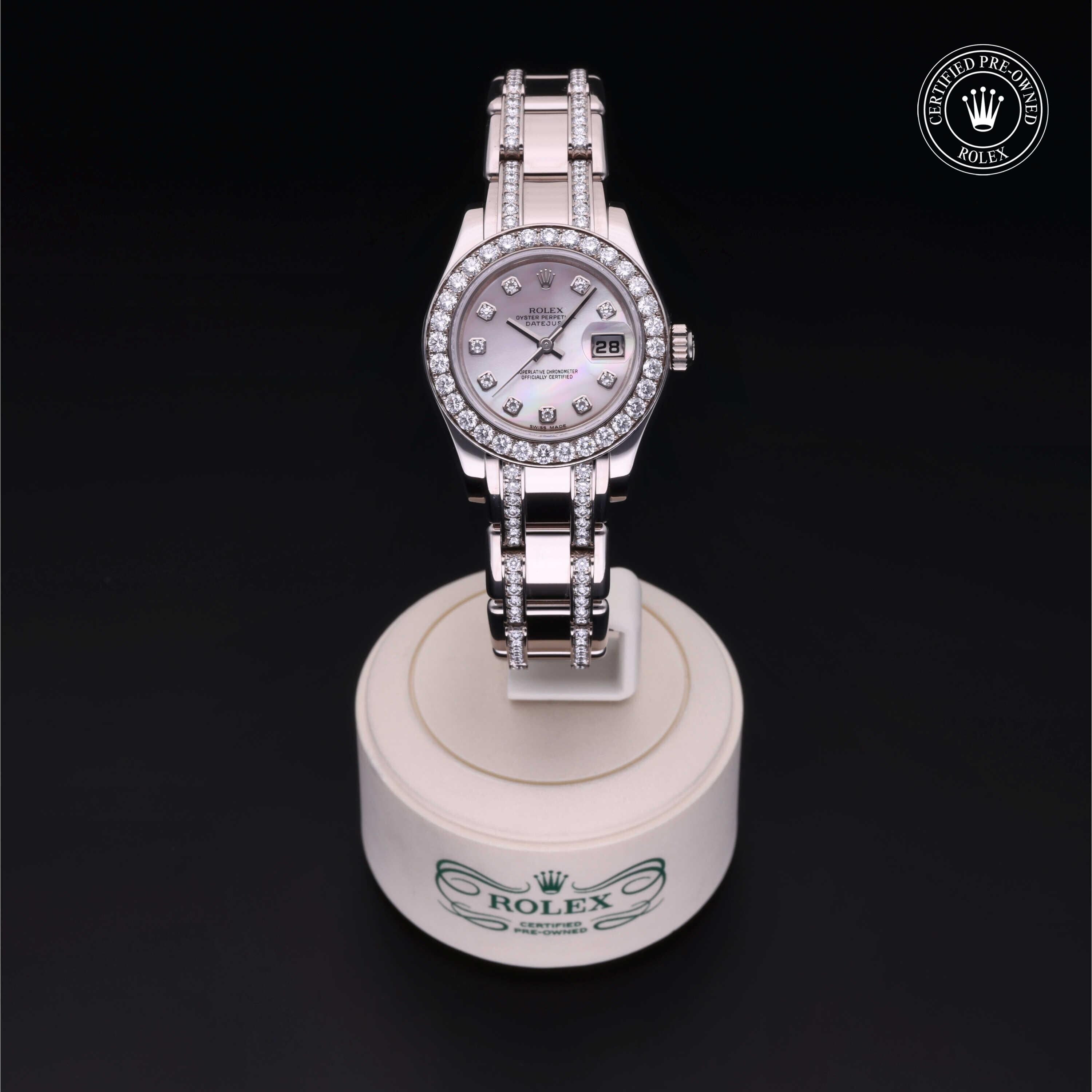 Rolex Certified Pre-owned Pearlmaster M80299-0018 front on black background