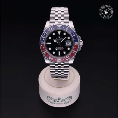 Rolex Certified Pre-owned GMT M126710BLRO-0001 front on black background