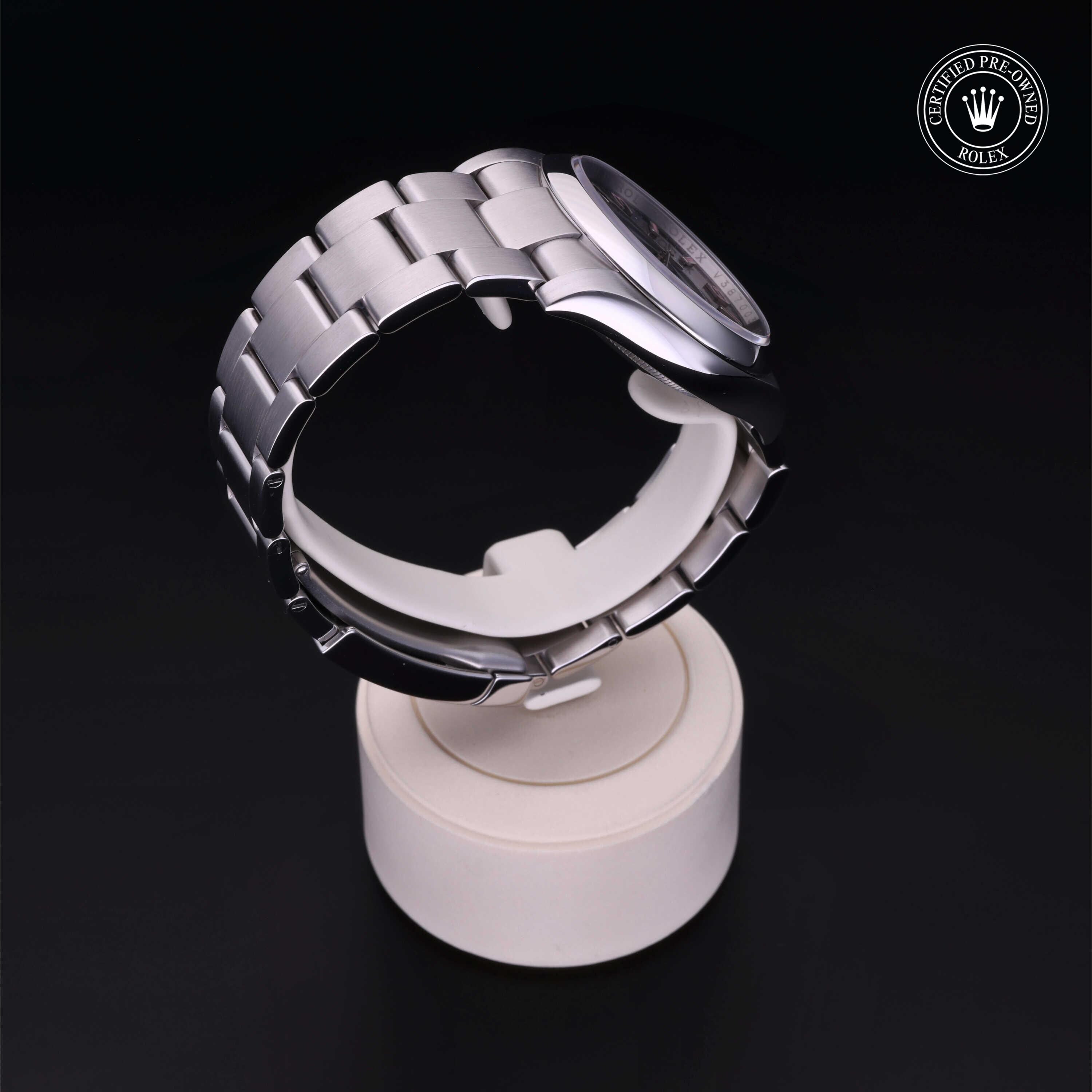 Rolex Certified Pre-owned Oyster Perpetual M116000-0006 front on black background