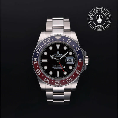 Rolex Certified Pre-owned GMT M126710BLRO-0002 front on black background