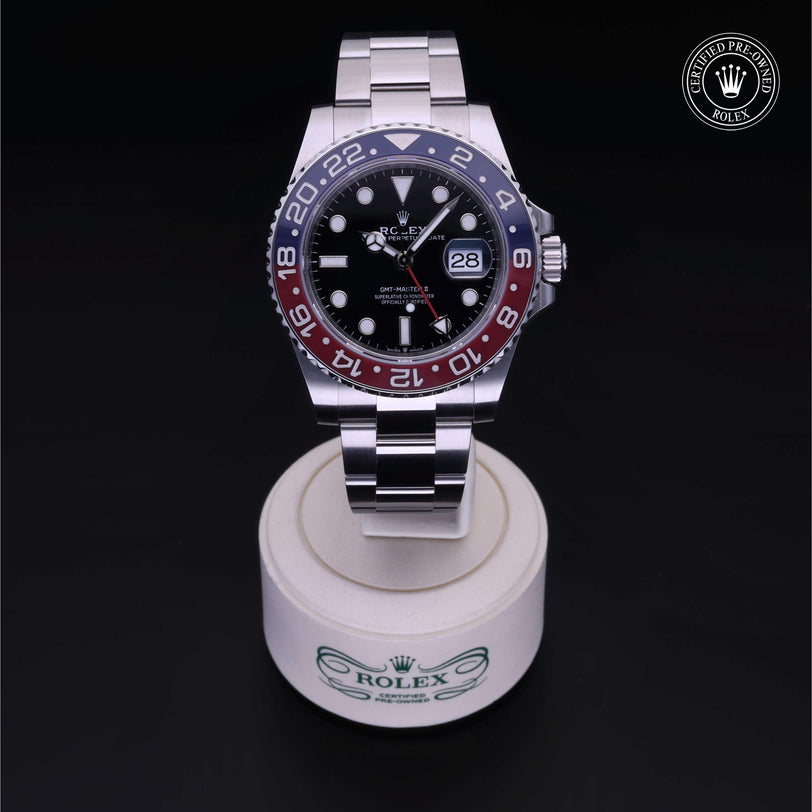 Rolex Certified Pre-owned GMT M126710BLRO-0002 front on black background