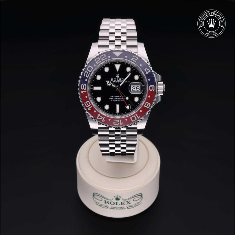 Rolex Certified Pre-owned GMT M126710BLRO-0001 front on black background