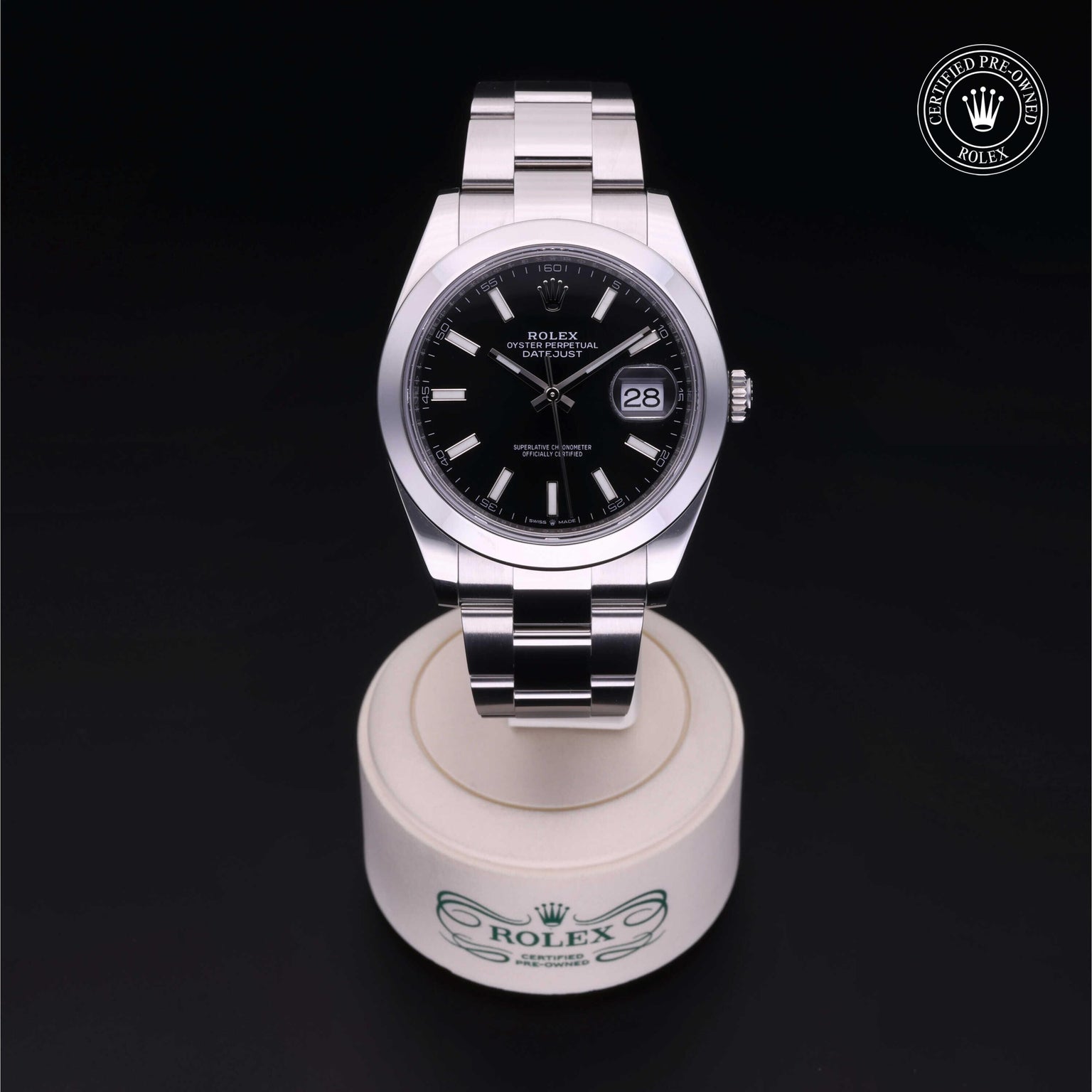 Rolex Certified Pre-owned Datejust M126300-0012 front on black background