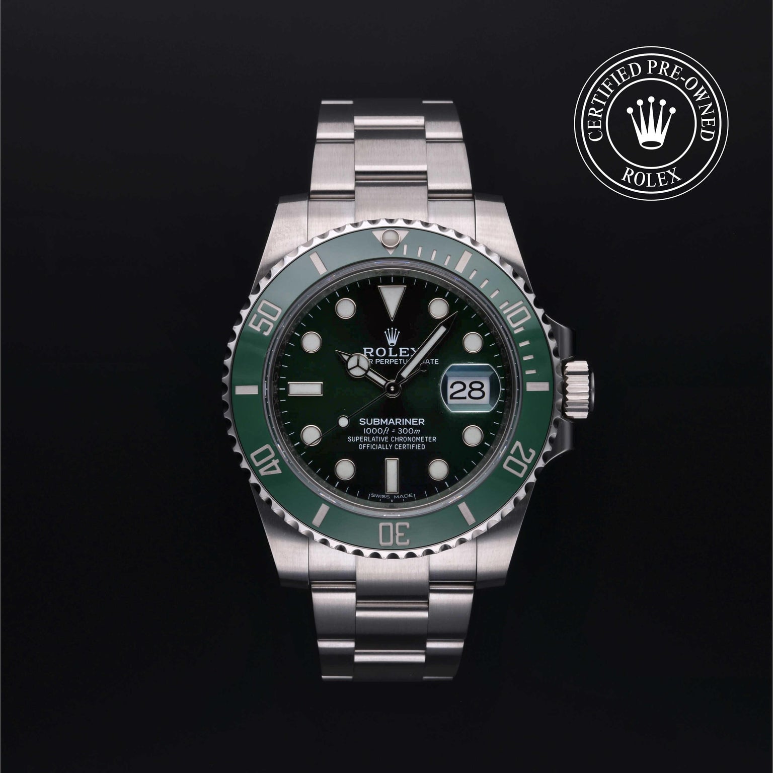 Rolex Certified Pre-owned Submariner M116610LV-0002 front on black background