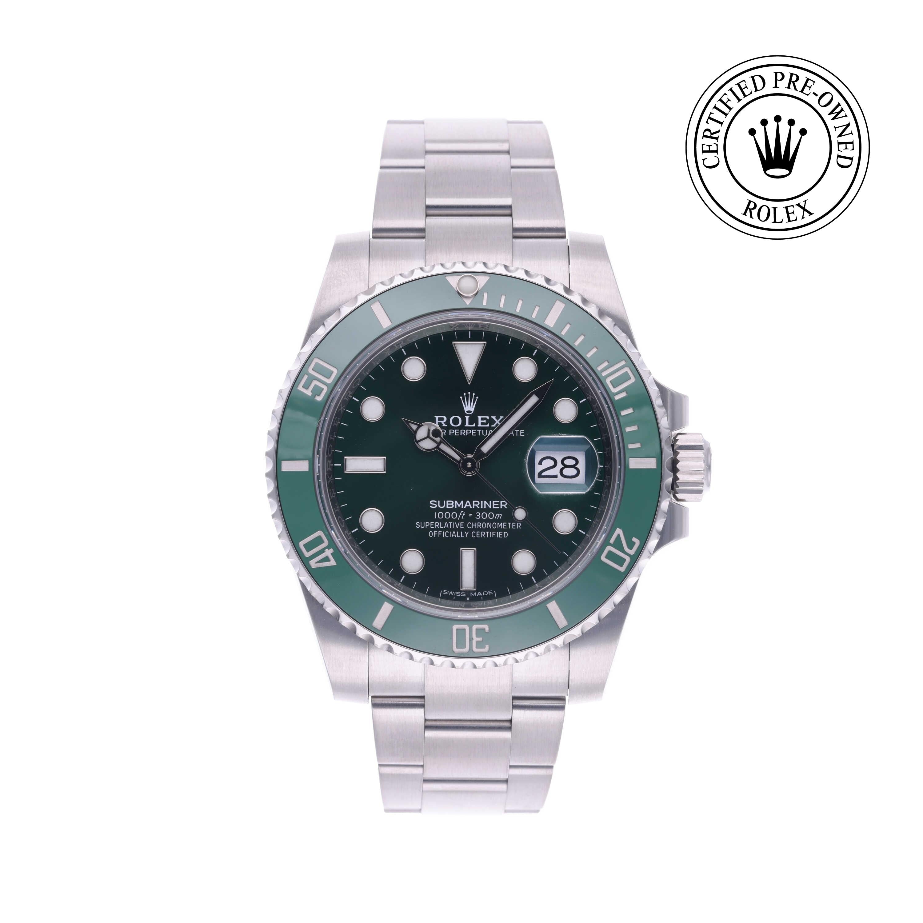 Rolex Certified Pre-owned Submariner M116610LV-0002 front on white background