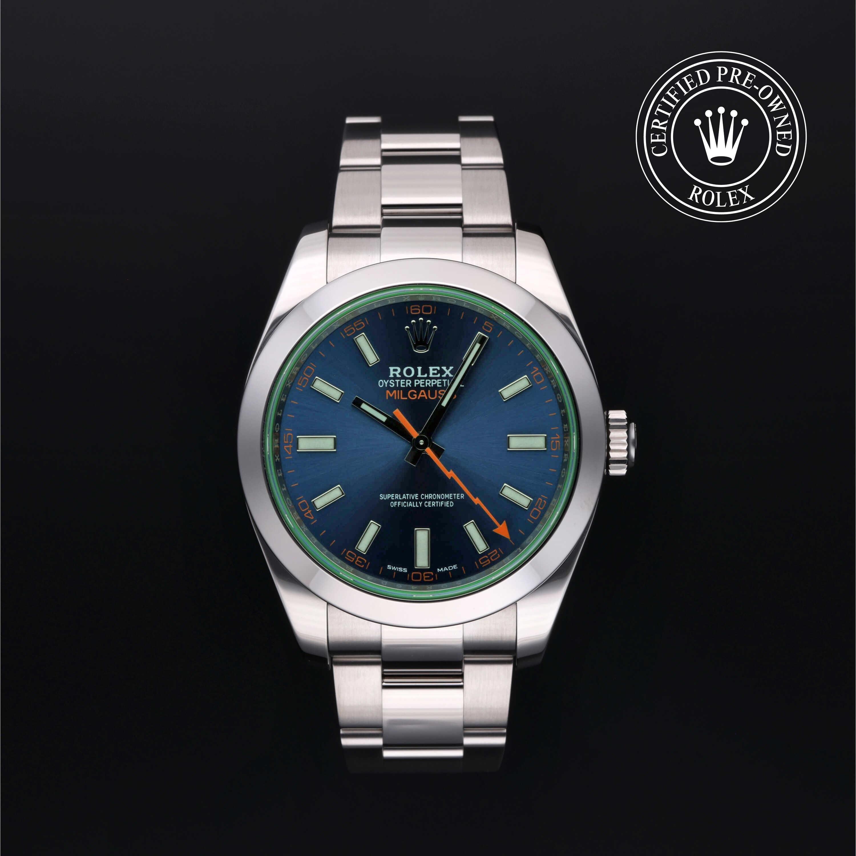 Rolex Certified Pre-owned Milgauss M116400GV-0002 front on black background