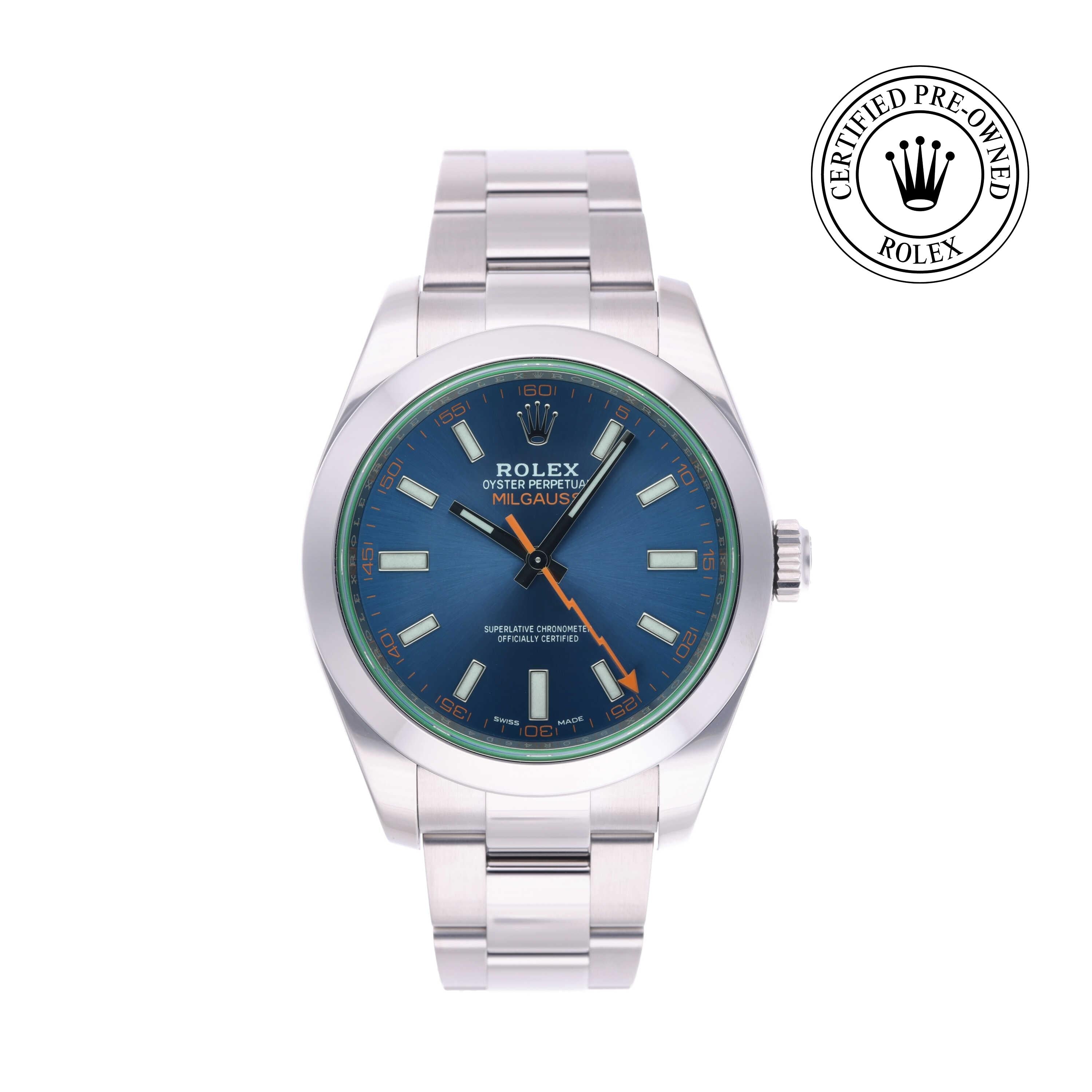 Rolex Certified Pre-owned Milgauss M116400GV-0002 front on white background