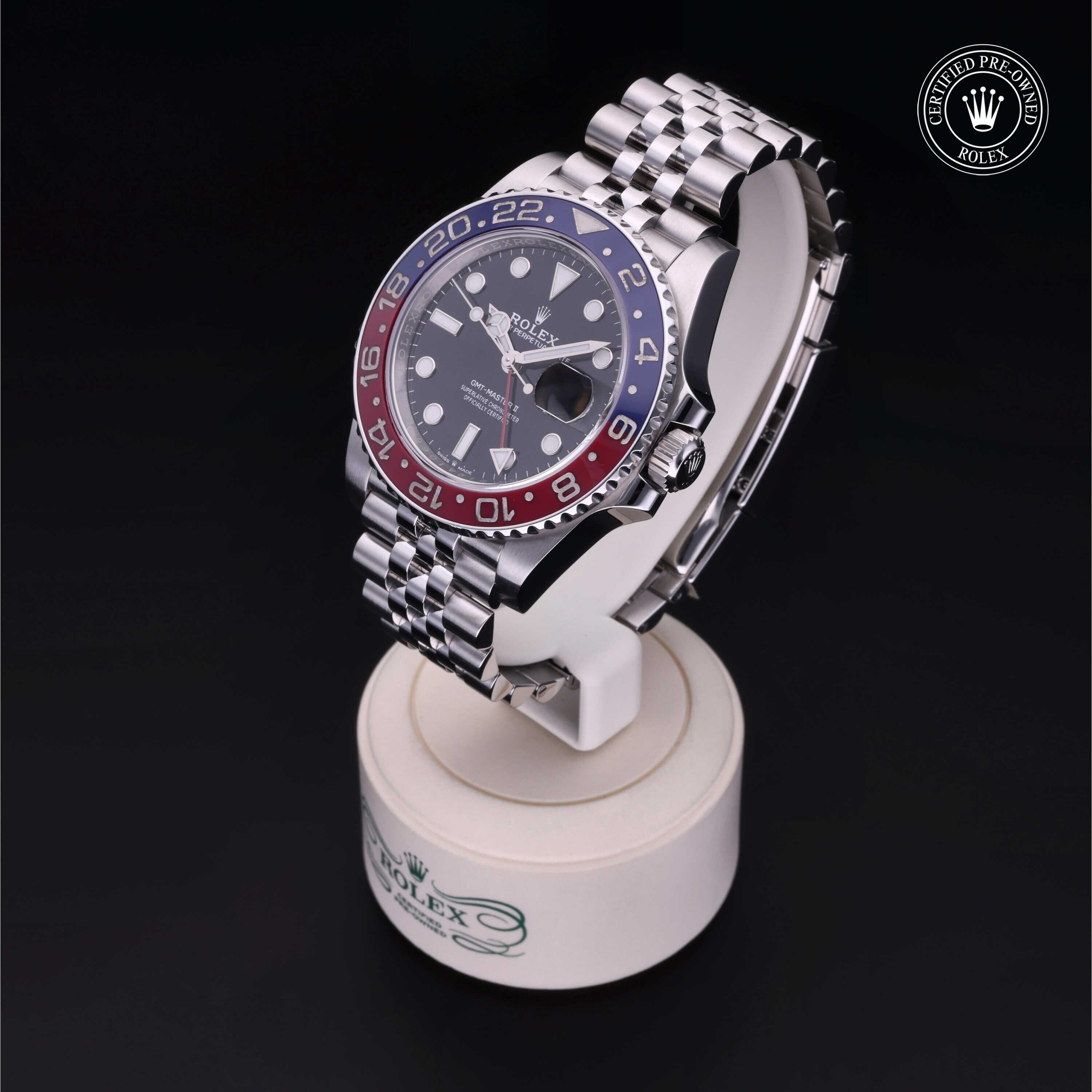 Rolex Certified Pre-owned GMT M126710BLRO-0001 front on black background
