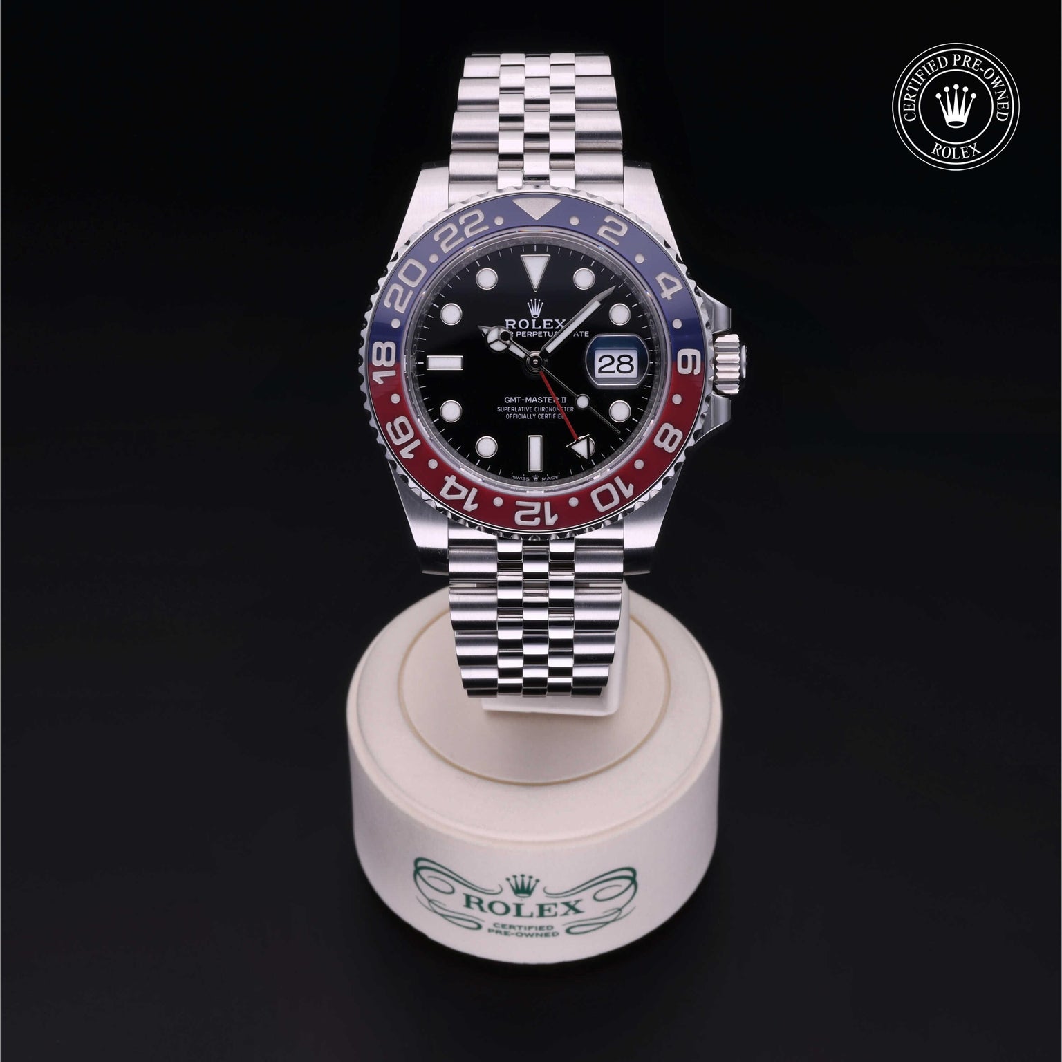 Rolex Certified Pre-owned GMT M126710BLRO-0001 front on black background