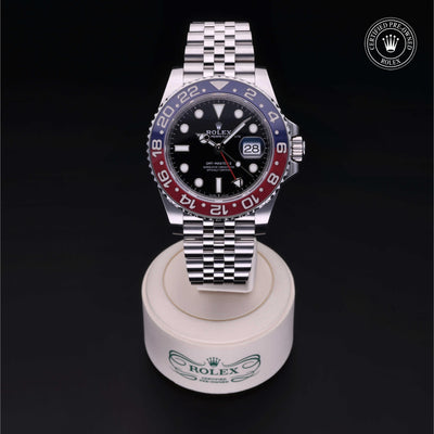 Rolex Certified Pre-owned GMT M126710BLRO-0001 front on black background