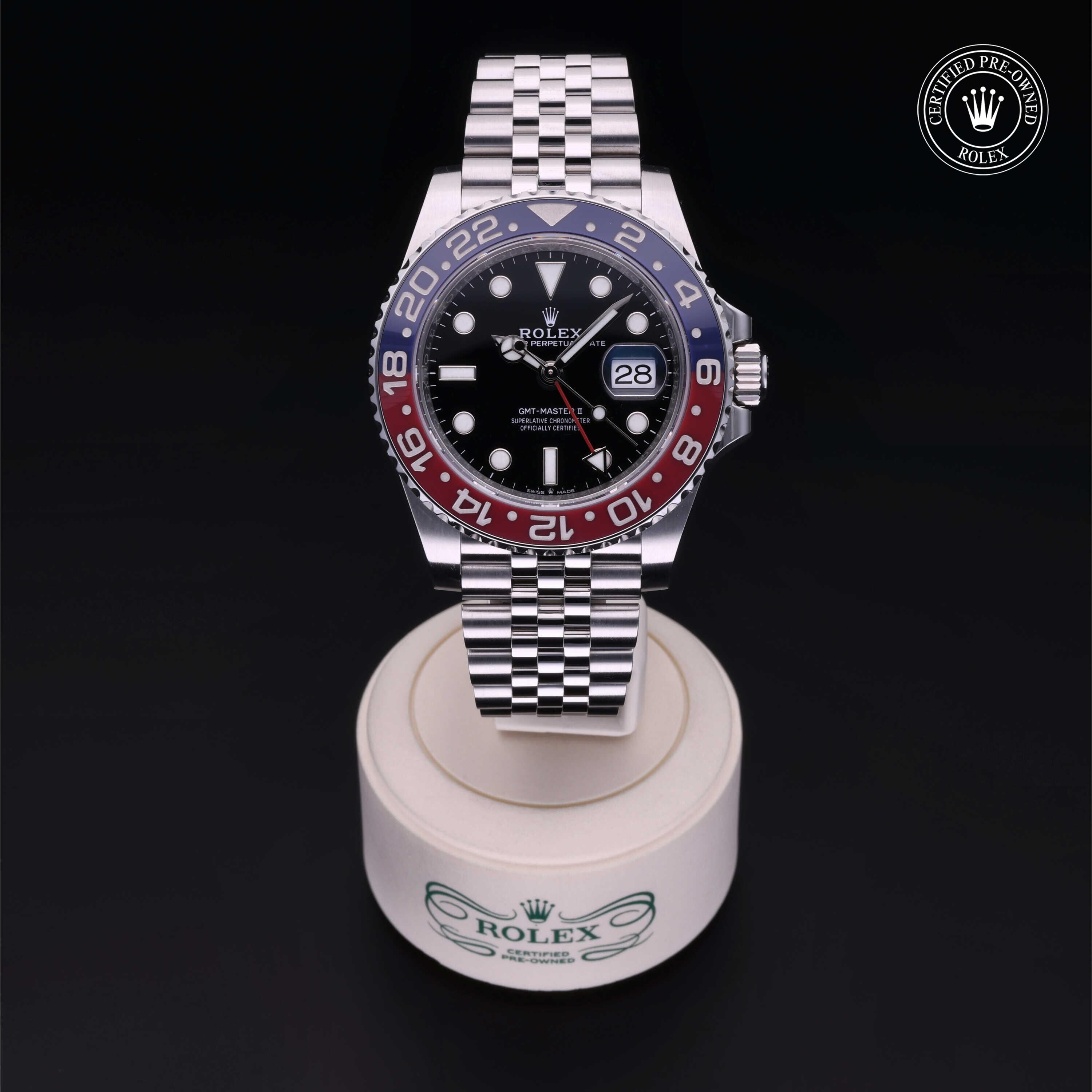 Rolex Certified Pre-owned GMT M126710BLRO-0001 front on black background