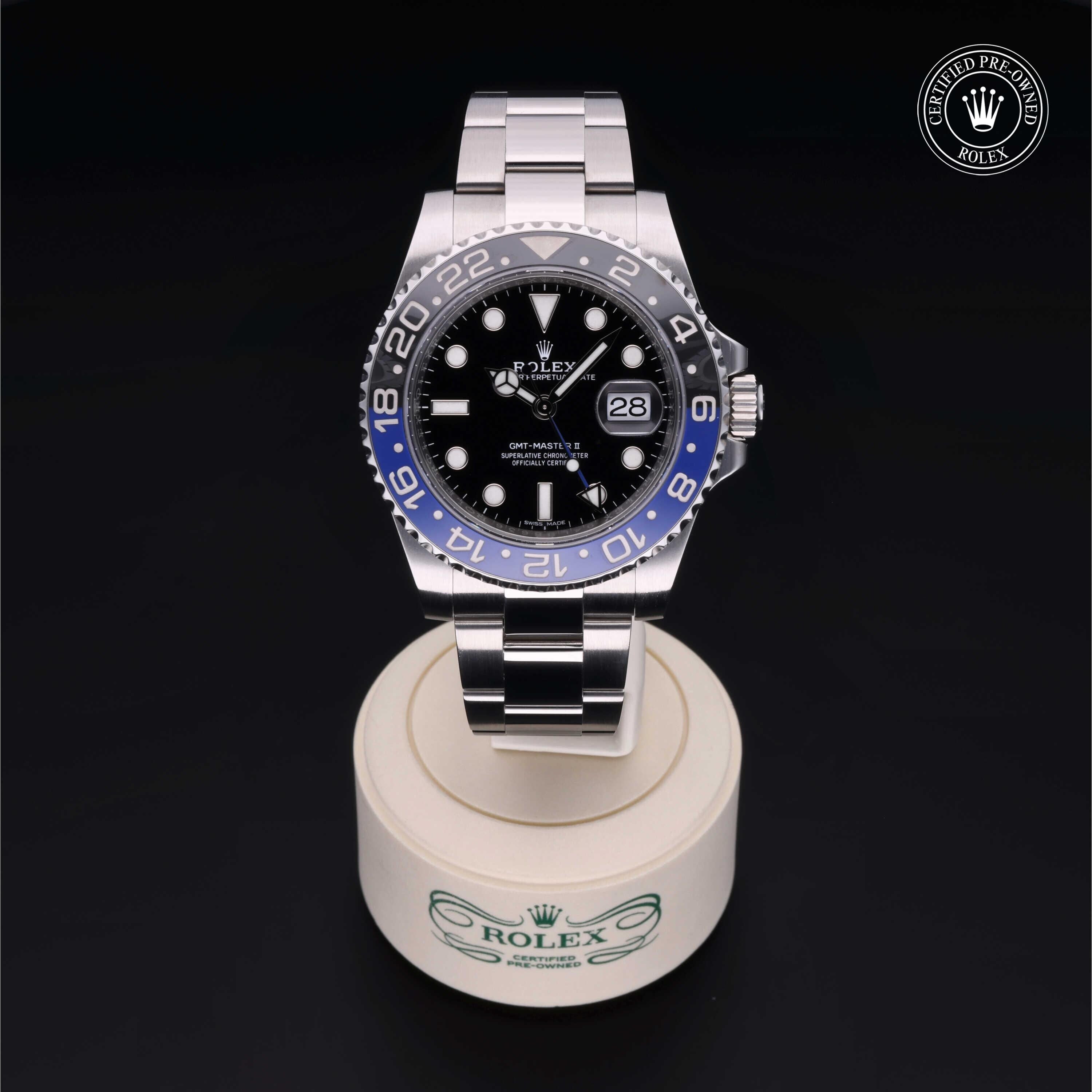 Rolex Certified Pre-owned GMT II M116710BLNR-0002 front on black background