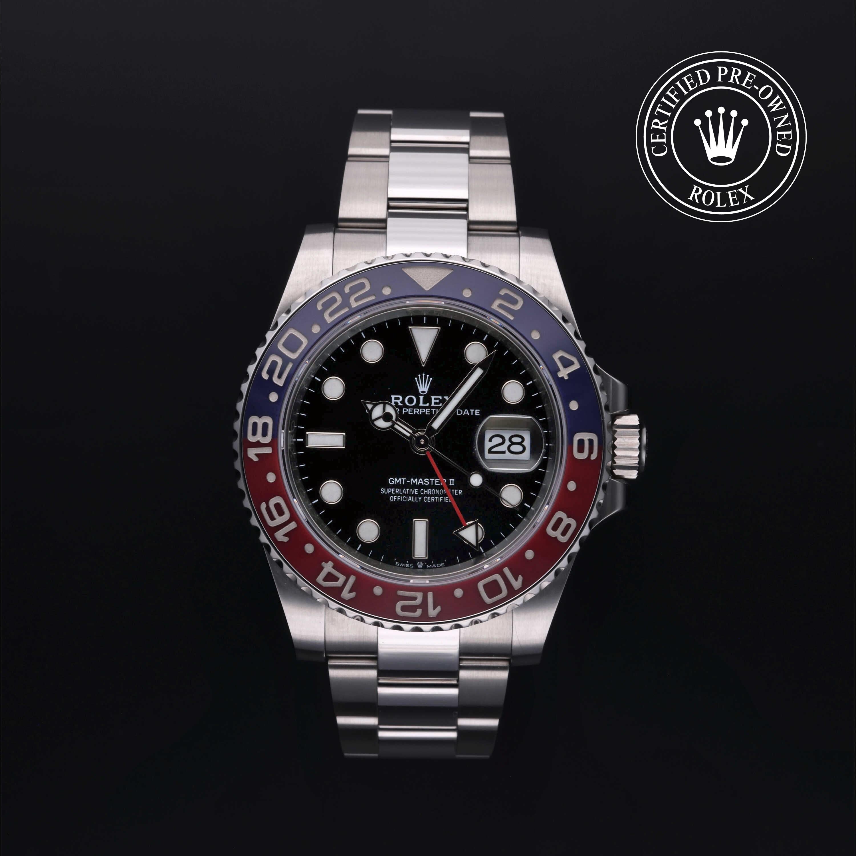 Rolex Certified Pre-owned GMT M126710BLRO-0002 front on black background