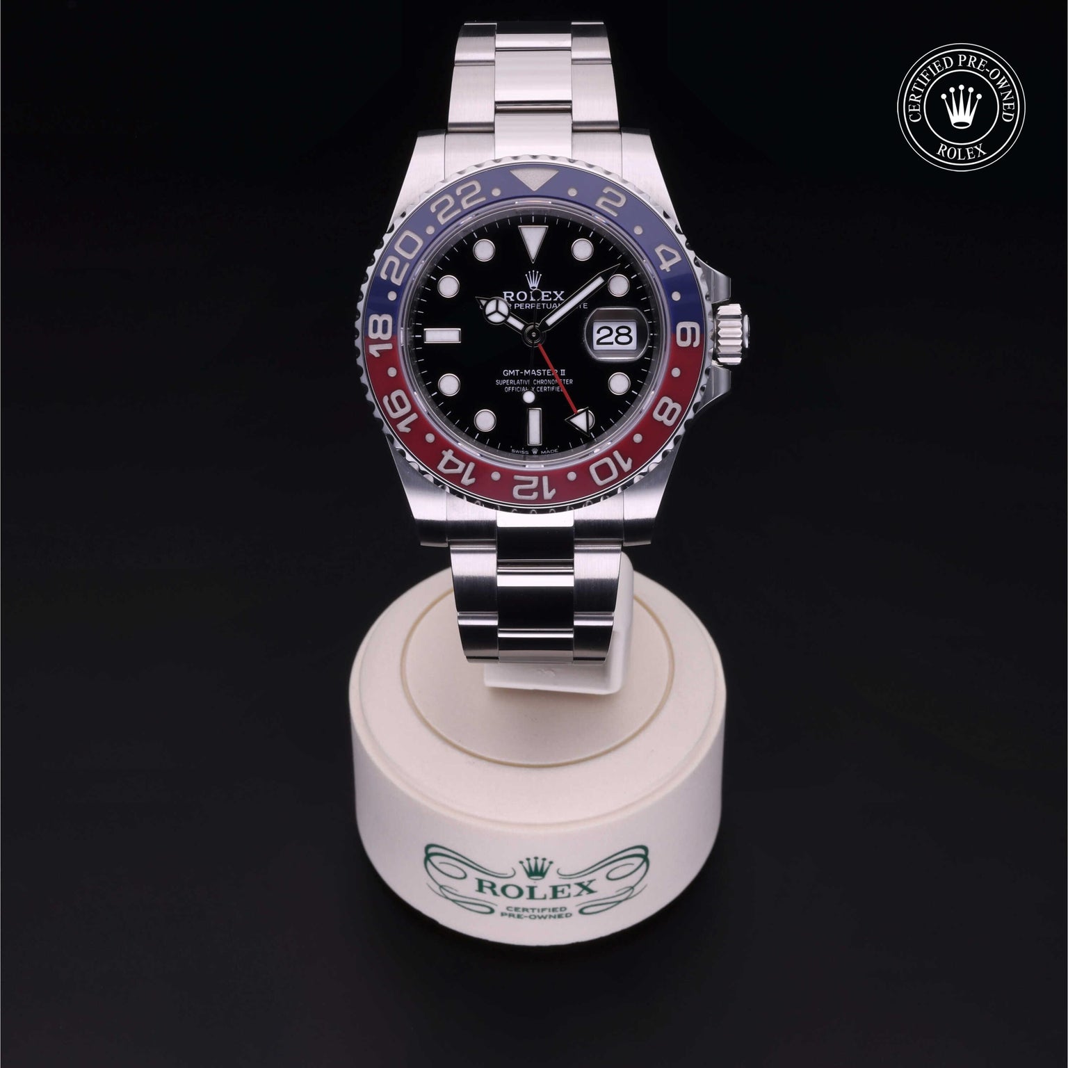 Rolex Certified Pre-owned GMT M126710BLRO-0002 front on black background