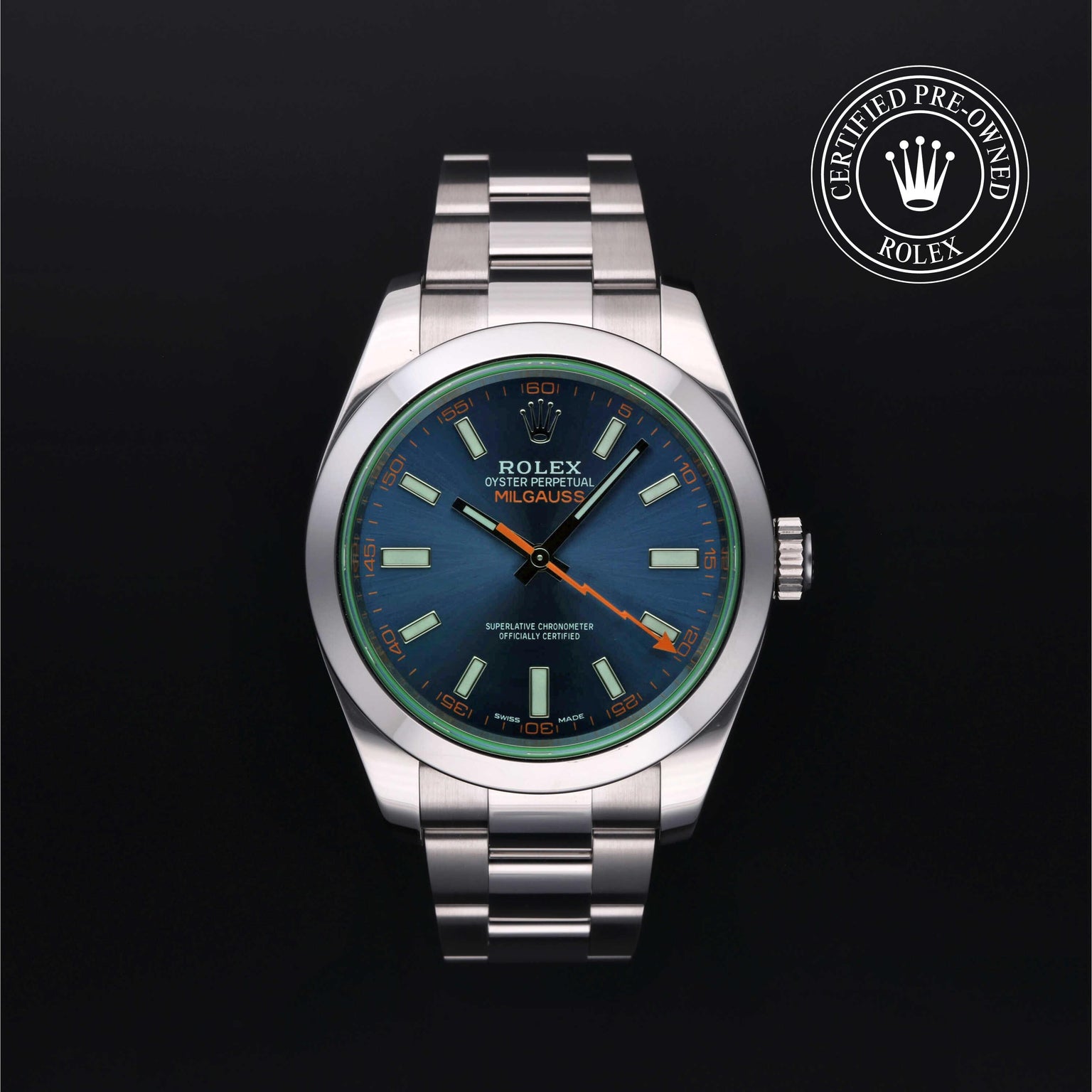 Rolex Certified Pre-owned Milgauss M116400GV-0002 front on black background