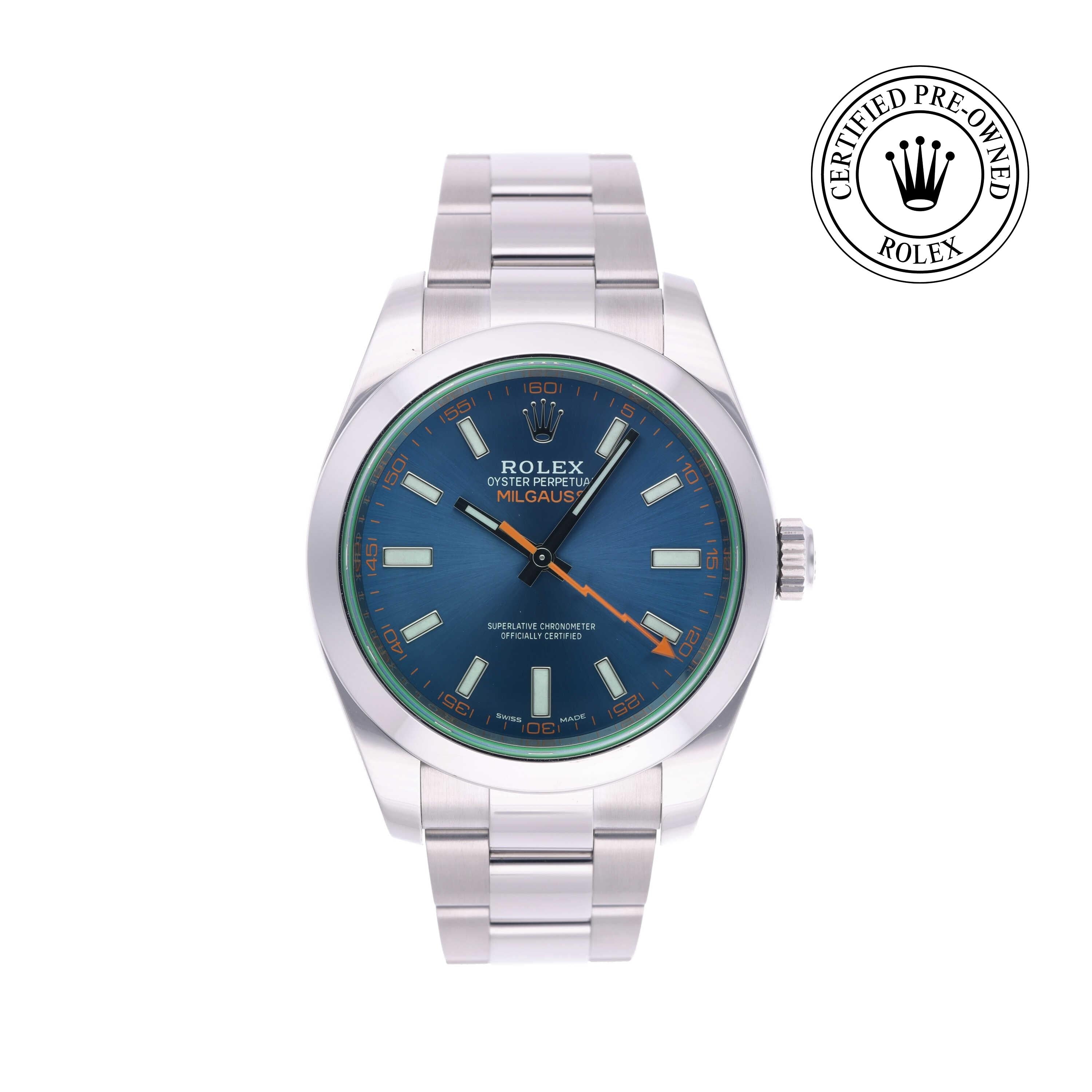 Rolex Certified Pre-owned Milgauss M116400GV-0002 front on white background