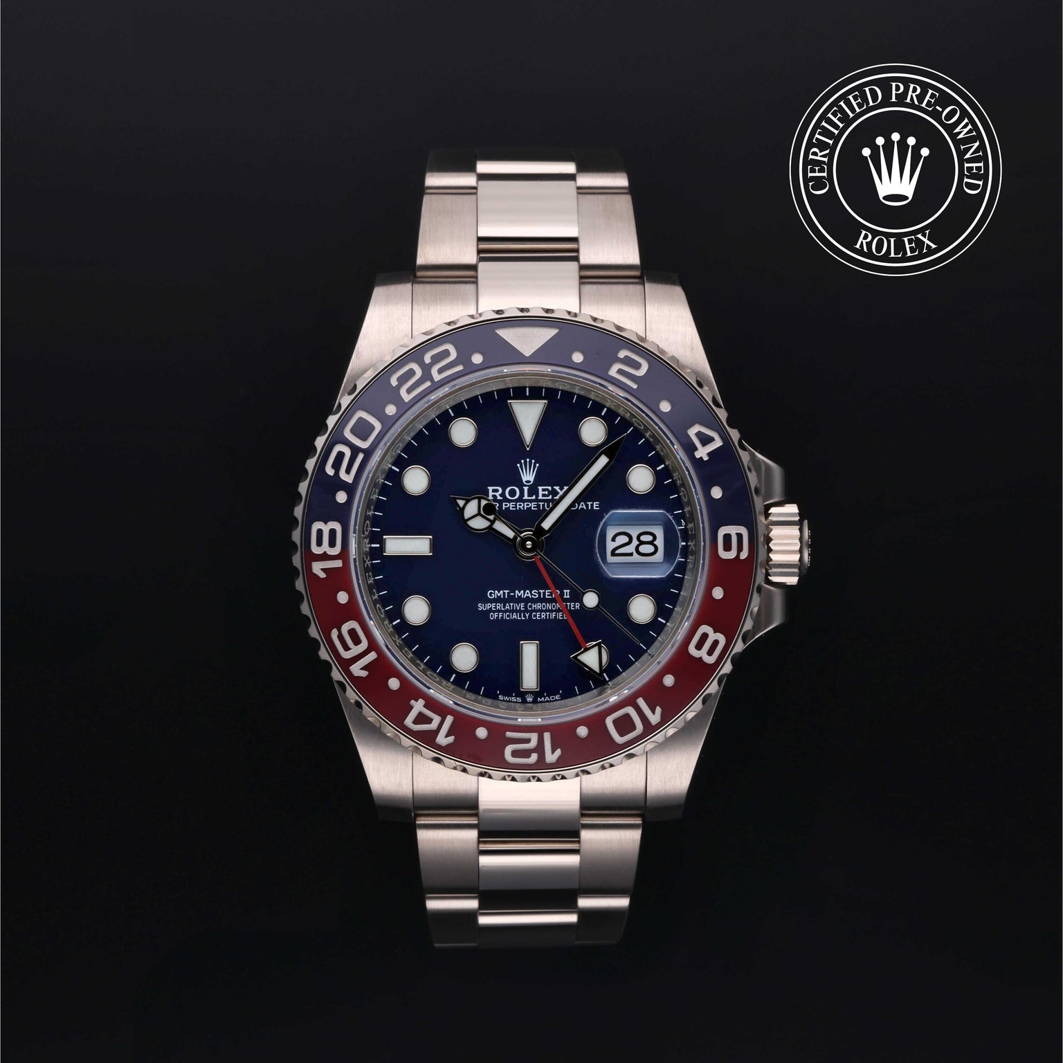 Rolex Certified Pre-owned GMT M126719BLRO-0003 front on black background